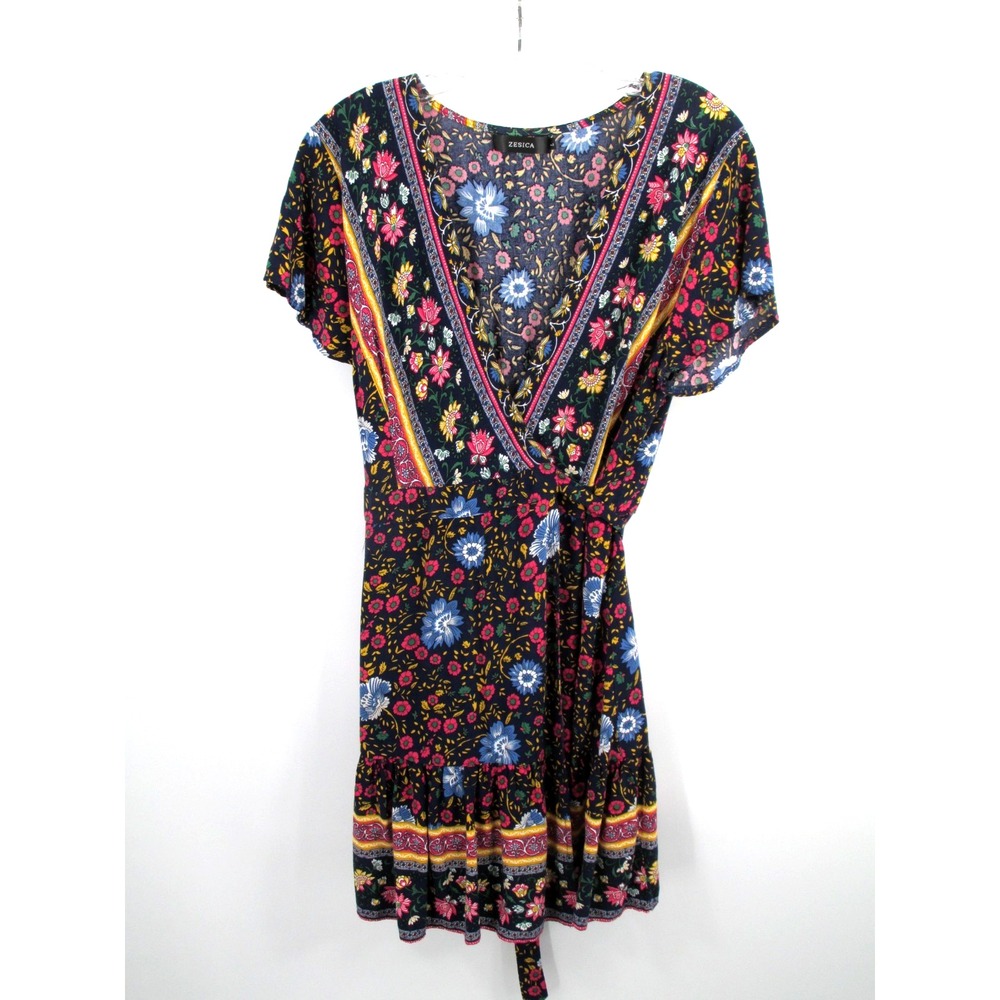 Zesica Womens Black Floral Boho Midi Wrap Dress Large Short Sleeve Ruffle V-Neck